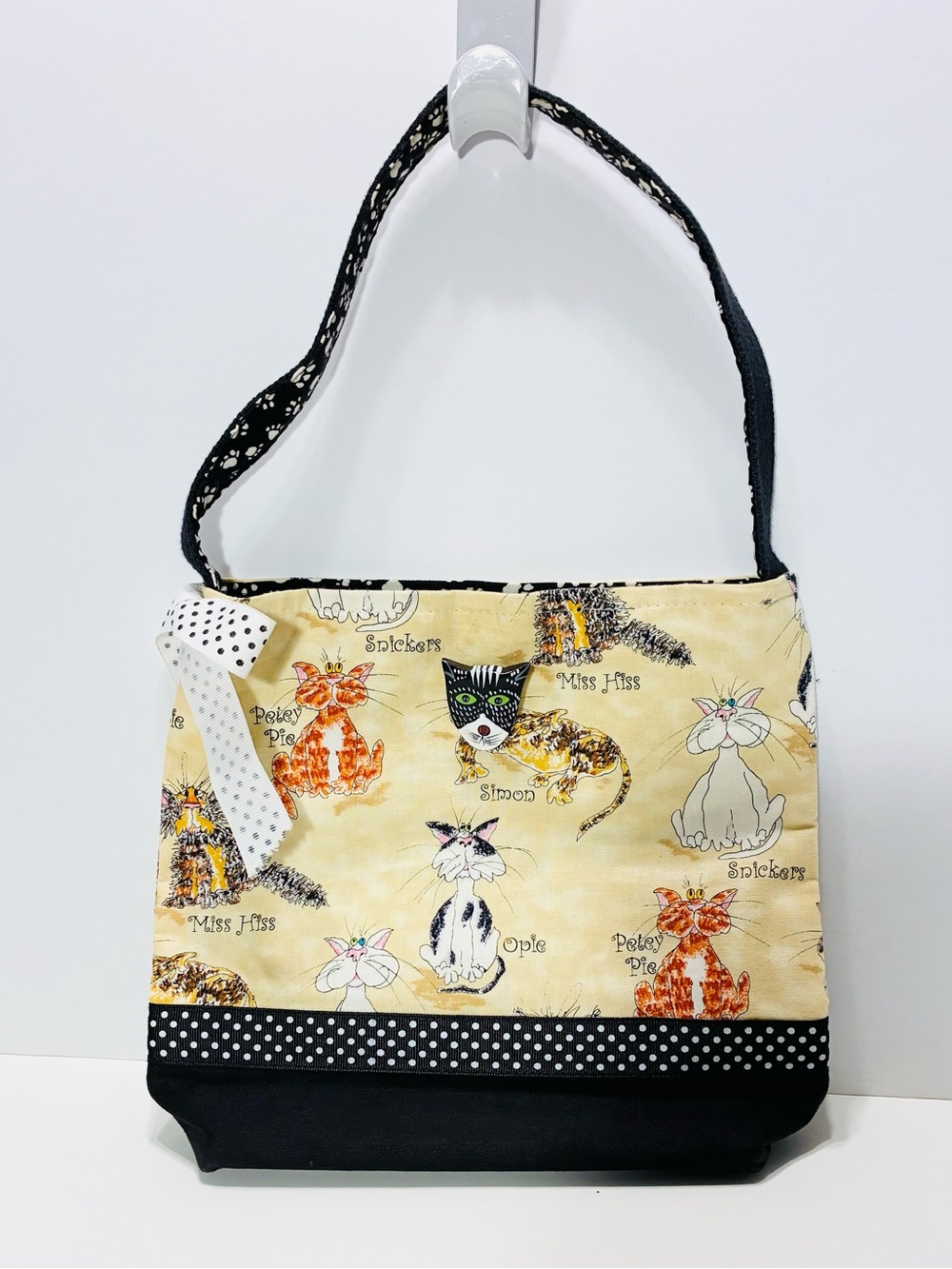 Handmade Cat Print Tote Bag Cat Lover Shoulder Purse Painted Wood Button